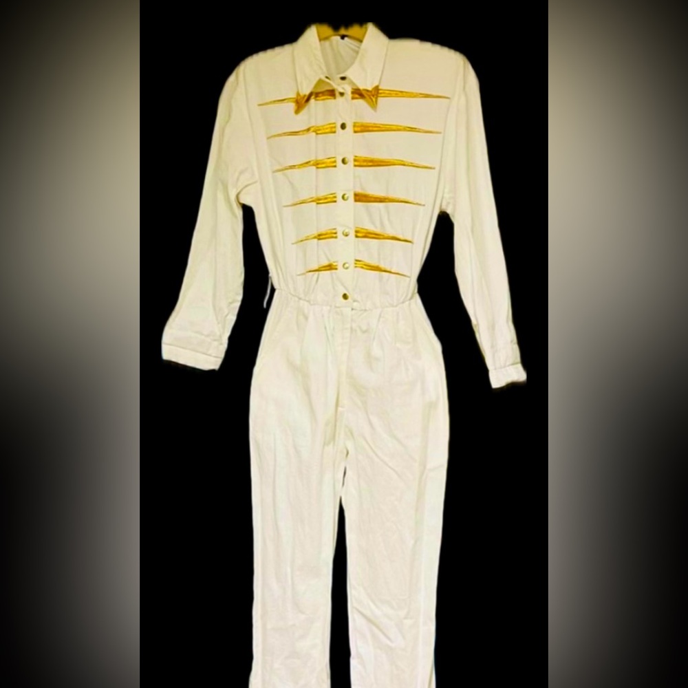 White denim 100% cotton Jumpsuit PG collections designer Bort gold EUC Vintage